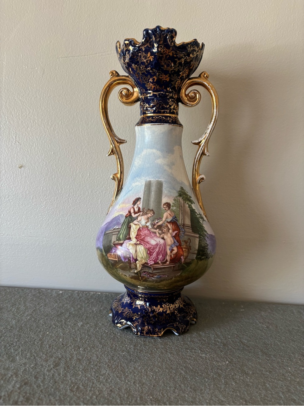 Vintage Limoges Hand-Painted Blue and Gold Decorative Vase